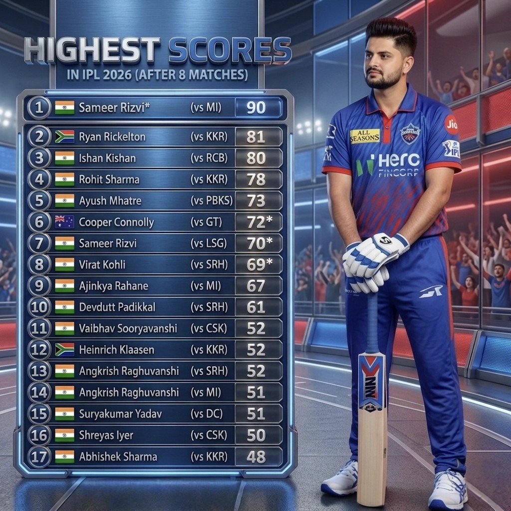 Samir Rizvi (90) topping the chart of highest scores in PL 2026 so far. Followed by Ryan Rickelton (81), Ishan Kishan (80), Rohit Sharma (78), and Ayush Mhatre (73).
#IPL2026 #CricketStats #HighestScores #CricketInfographic #T20Cricket #IndianPremierLeague #SameerRizvi #Virat
