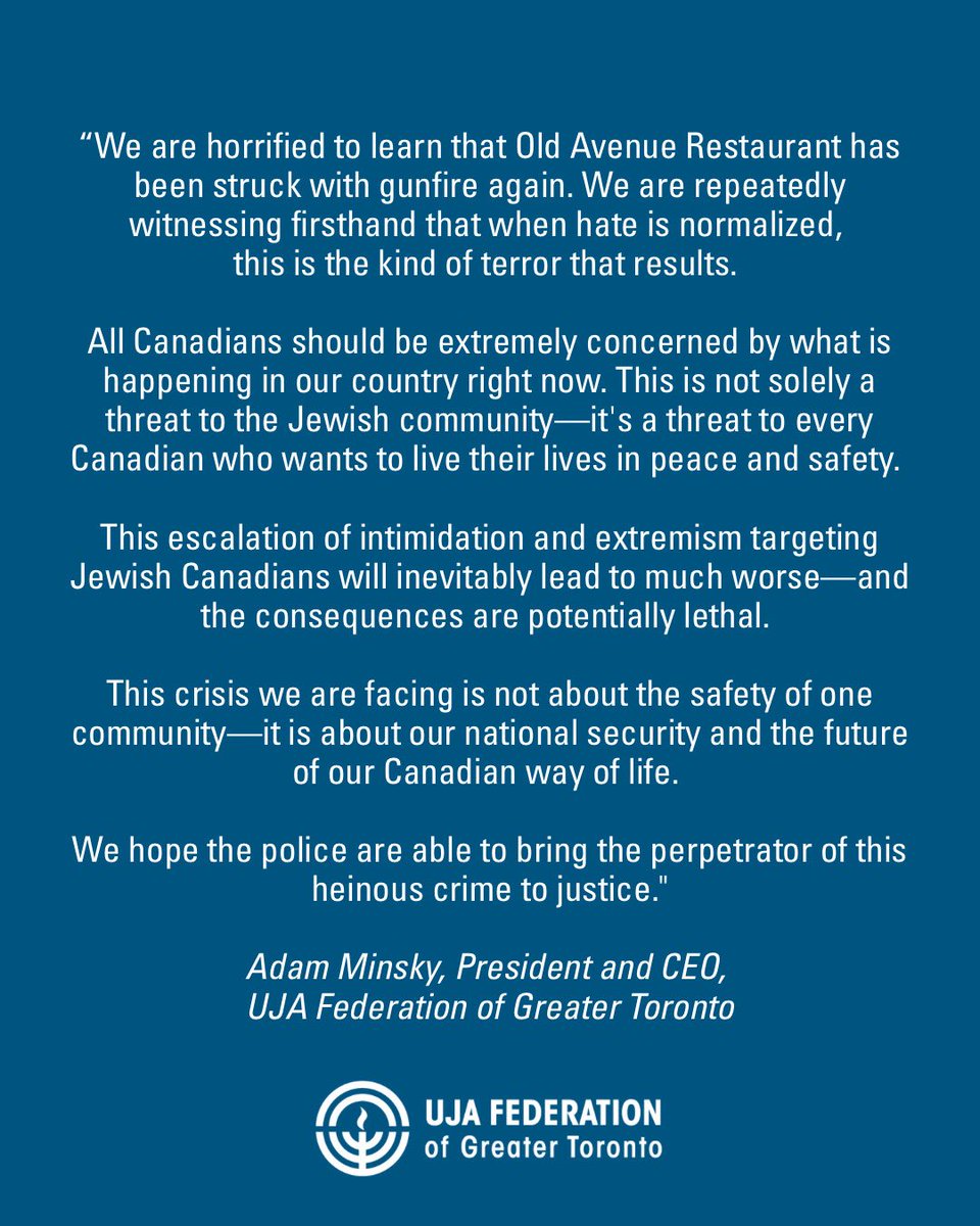 “We are horrified to learn that Old Avenue Restaurant has been struck with gunfire again. We are repeatedly witnessing firsthand that when hate is normalized, this is the kind of terror that results. 

All Canadians should be extremely concerned by what’s happening in our country