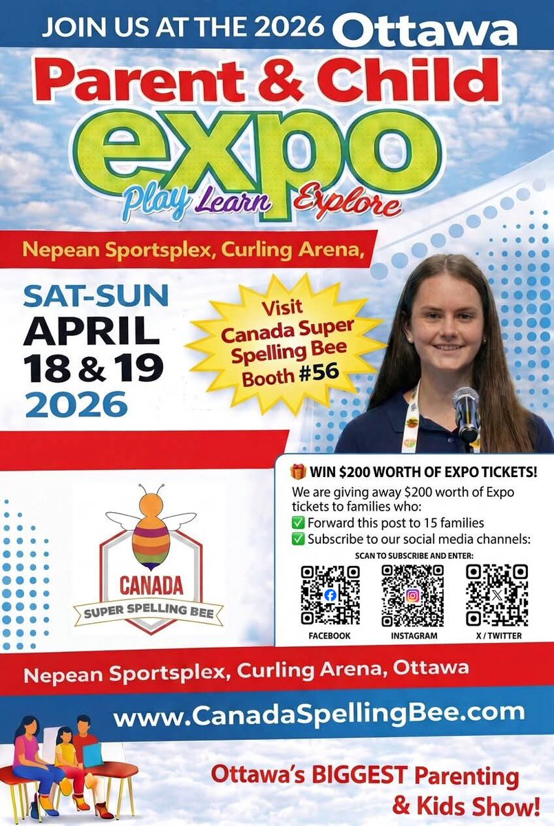 canada_bee's tweet photo. 🎁 Win $200 Worth of Expo Tickets!
We are giving away $200 worth of Expo tickets to families who:
✅ Forward this post to 15 families
✅ Subscribe to our social media channels:

🎉 Visit CSSB at 2026 Spring Ottawa Parent &amp; Child Expo! 🐝at Booth #56! https://t.co/GP9XuzSggz