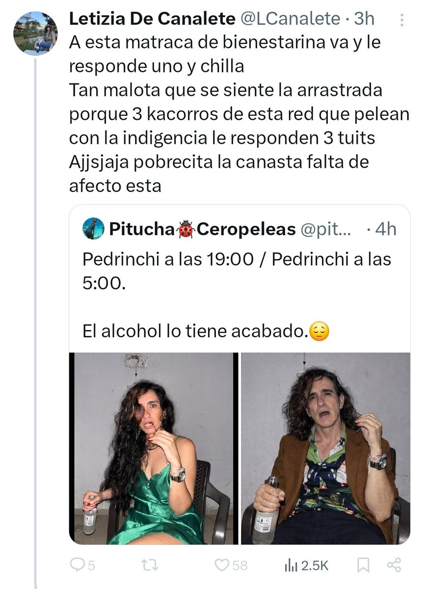 "Le responde uno y chilla"
🤣🤣🤣🤣🤣 
Me bloqueo desde hace  meses porque no aguantó que le dijera Pedro el escamoso, a los 50 años le afecta aún que le sigan diciendo fea, vieja, loca, pelo de mimbre, Miguel Varoni.
Señora o señor, tranqui que los infartos están de moda.😔