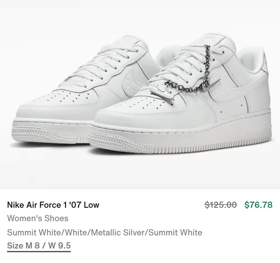 Pricerrors's tweet photo. NIKE WHITE AIRFORCE 1s FOR $76

Originally $125 but code "LASTSHOT" takes off $50

For reference, other colors are still full priced

Multiple sizes left in stock

https://t.co/4hHSZ7Xsav #ad https://t.co/r3YvZLjzwy