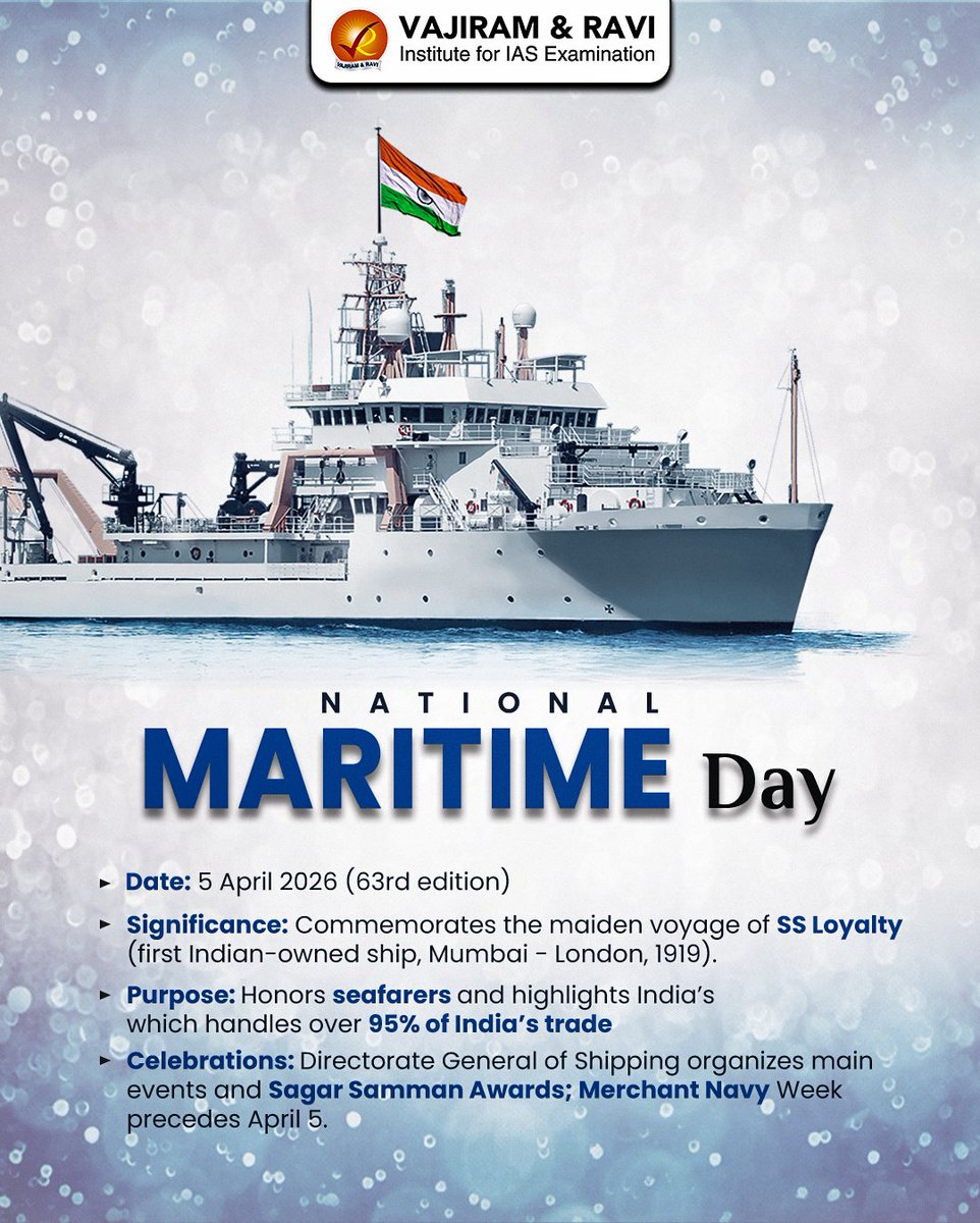 VajiramRavi's tweet photo. On this National Maritime Day, we commemorate a century-old legacy of Indian shipping and look forward to a future of Green Shipping and modern infrastructure under the Sagarmala Project.

#MerchantNavy #Sagar Samman #SagarmalaProject #BlueEconomy #GreenShipping #MaritimeIndia https://t.co/A7mwD2tIqv