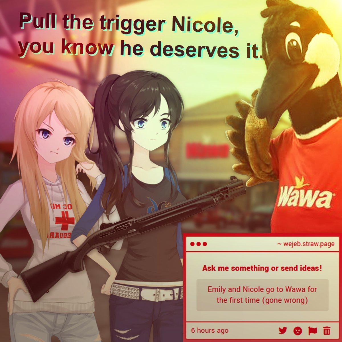 WeJ3b's tweet image. what the fuck is a wawa?

#Emicole

wejeb.straw.page