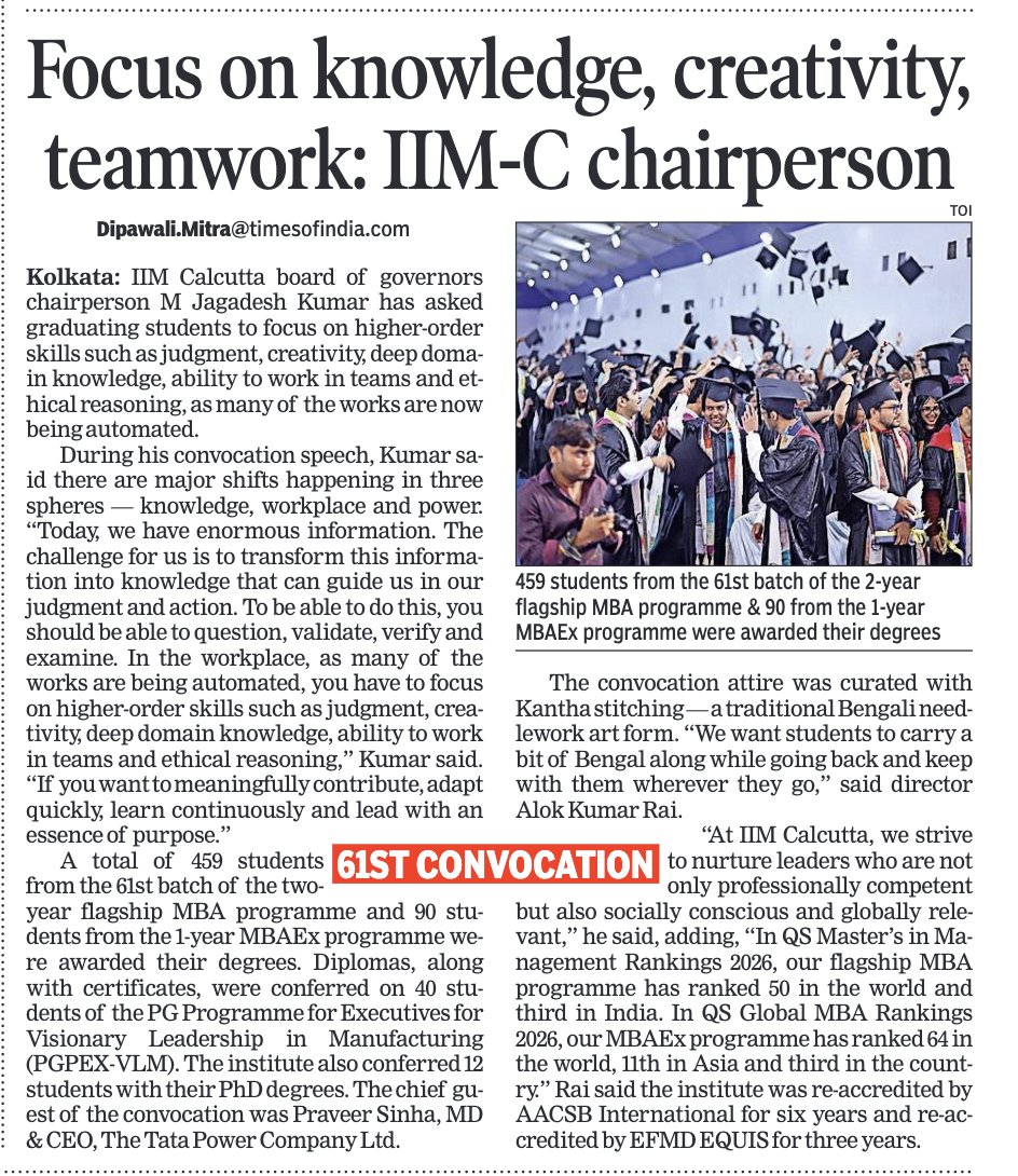 mamidala90's tweet photo. Deepawali Mitra of The Times of India writes: ""If you want to  meaningfully contribute, adapt quickly, learn continuously and lead with  a sense of purpose: IIM Calcutta chairperson" https://t.co/FC4DjUH0GW