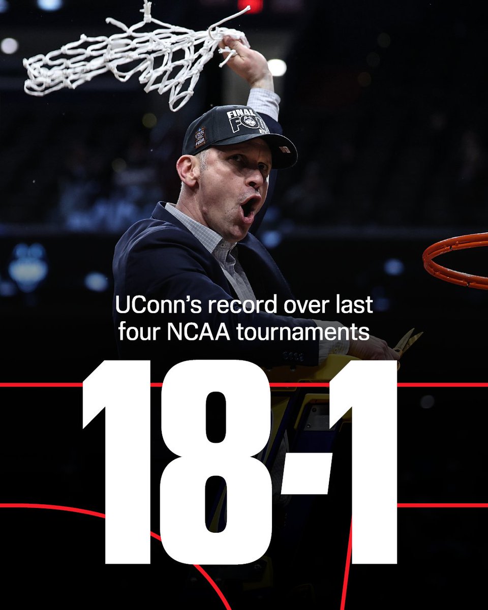 ESPNInsights's tweet photo. With their win over Illinois, UConn's record over the last four tournaments is now 18-1 🔥

Their lone loss was to the 2025 Florida Gators, who went on to win the championship. https://t.co/2SIJy7gSXT