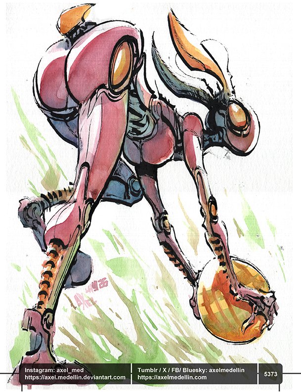 AxelMedellin's tweet image. #dailydrawing 5373 #dibujodiario #drawingoftheday #bunny #robot #easteregg #gynoid #cybergirl #sciencefictionart #scifigirl #watercolor #penandink #speedball #traditionalart