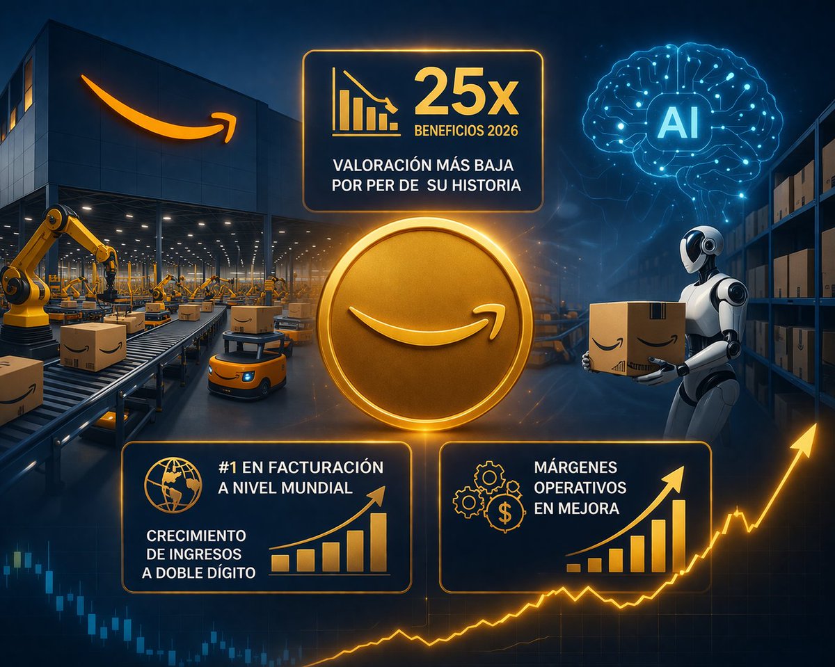 Amazon $AMZN cotiza a 25x lbeneficios de 2026, la valoración más baja por PER de su historia.  Será la empresa que más se beneficie de la optimización de la robótica y la IA.  Es la empresa que más factura en el mundo, creciendo ingresos a doble dígito, y los márgenes operativos