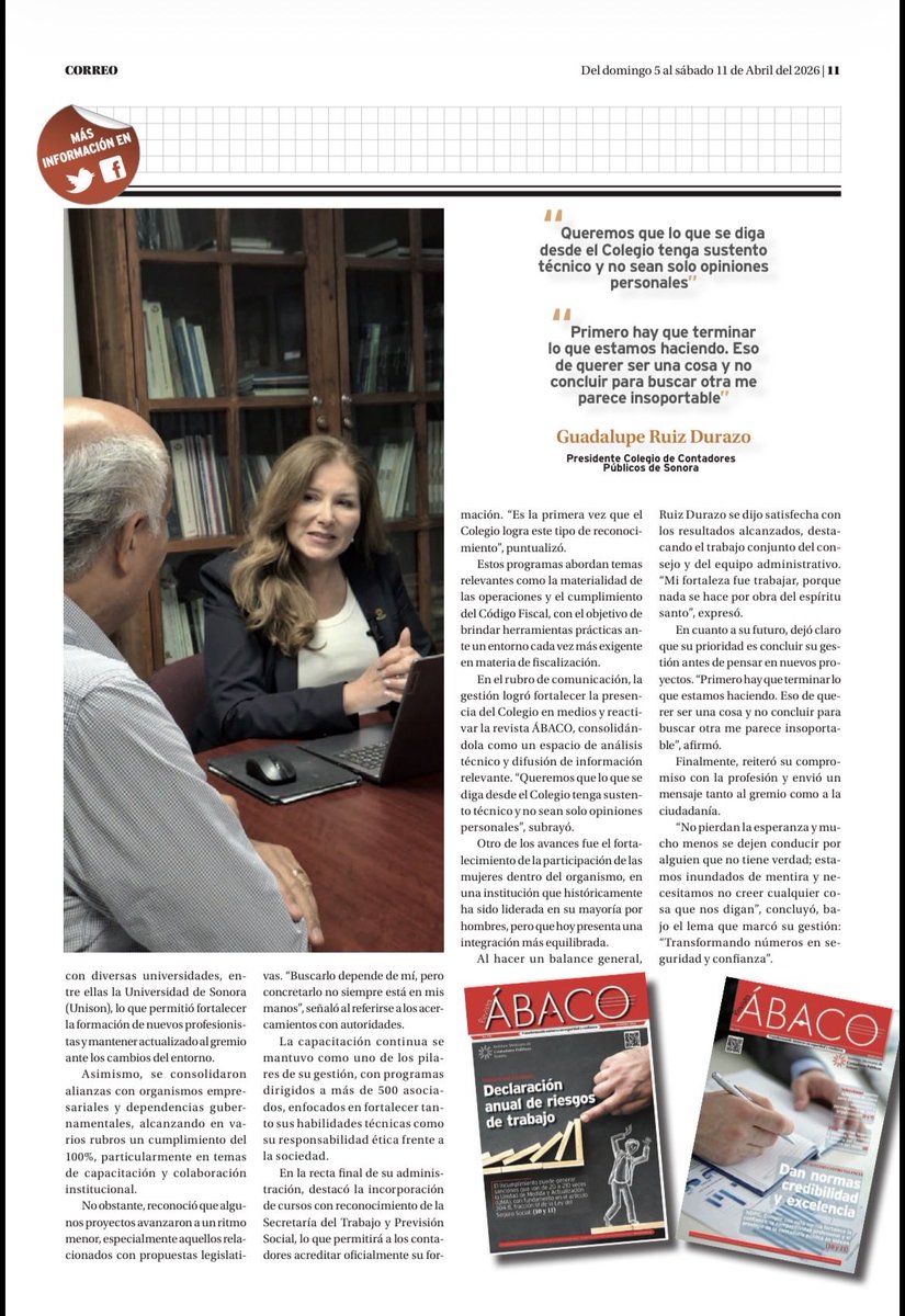 IMCPSONORA's tweet photo. ⭕️ Te #invitamos a #leer la edición de este fin de semana de la @RevistaCorreo - @JvillegasJavier, la cual lleva en su portada y artículo central, a nuestra presidenta; María Guadalupe Ruiz Durazo: https://t.co/yXfzF2vHSw https://t.co/b0y3QiFevx
