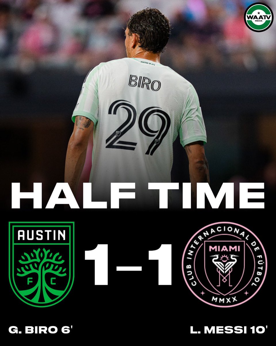 WeAreAustinTV's tweet photo. HALF TIME: 🌳ATX 1-1 MIA🦩

A great first half from Austin FC that deserved more. They went up very early thanks to a header from Guilherme Biro, hit the post 2x, had the better of chances, but Leo Messi shows his greatness and tied it up with a header of his own. 

What are your thoughts on the first 45 here in Miami? 

📸: @dyvmedia 

#austinfc #verde | WAATV
