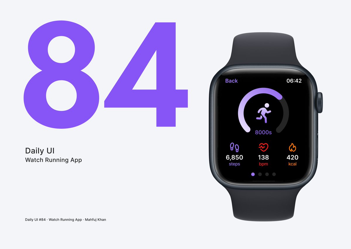 Mahfujkn's tweet photo. DailyUI Day 84 ⌚

Watch Running App design focused on glanceable metrics. Features a progress ring, color-coded health stats (BPM/Kcal/Steps), and a high-contrast dark theme for better visibility in motion. Minimalist utility for the wrist. 🏃‍♂️✨

#dailyui #ux #figma #DailyUI84 https://t.co/z45ZEAuOgc