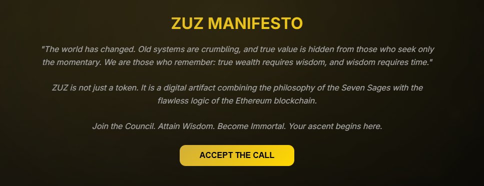ZuzimUniverse's tweet photo. "7 sages. 7 levels. 1 goal.
We didn't build ZUZ Universe to dump. We built it to last.
Team tokens locked 12 months. Liquidity locked 365 days. Contract verified.
This is not a meme. This is a fortress.
Are you in? 🧙🔥
#ZUZ #Ethereum #Presale #SageRank #Wisdom #Immortality https://t.co/FODfsbkA0d