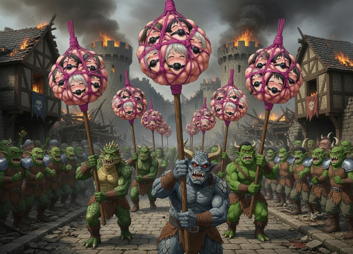 AIを使ってネタ出しシリーズ📖
前にあげた予想外が意外に見られてたので少し発展

王国を守る姫騎士団が魔物軍の邪悪な魔術師に身体を固められて普段なら余裕で倒せるザコ魔物に手も足も出ず無様に辱められるシーン

あんまり擦ると冷めるかもだからこれくらいにしておく