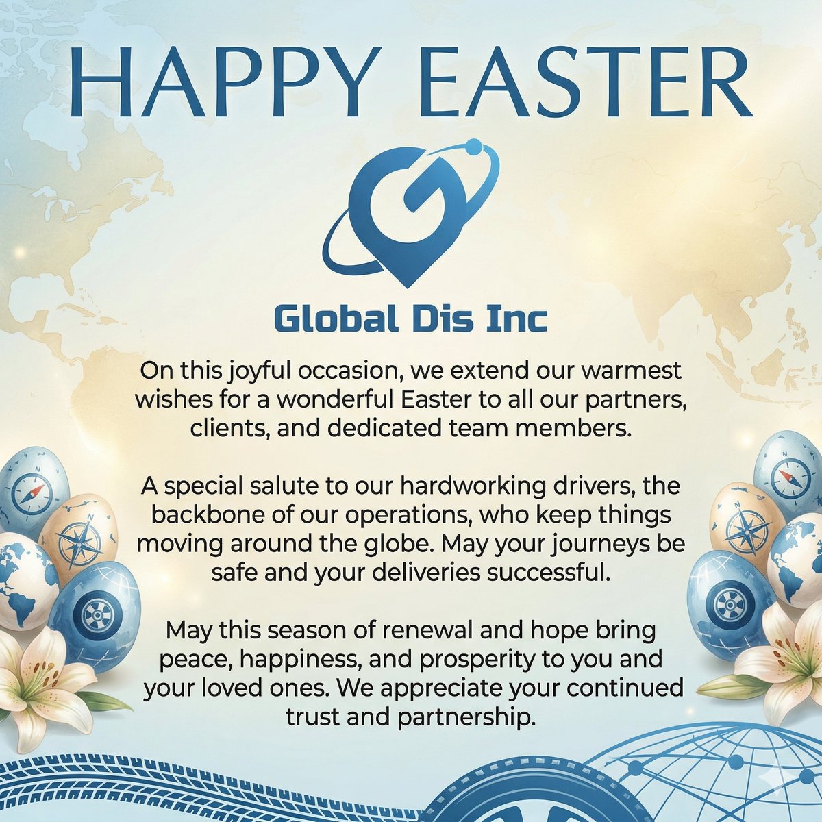 globaldisinc's tweet photo. Happy Easter to the backbone of Global Dis Inc! 🚛💨

A huge shoutout to our drivers &amp; dispatchers keeping the wheels turning. Whether you're home or on the open road, stay safe and enjoy the holiday. Thank you for delivering excellence! 🐣✨

#GlobalDisInc #TruckLife #Easter https://t.co/as1FMGHBl8