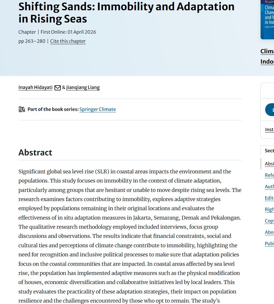 DanielPAldrich's tweet image. New #chapter from Hidayati and Liang: Shifting Sands: Immobility and Adaptation in Rising Seas
TL;DR: financial constraints, social and cultural ties and perceptions of climate change contribute to immobility
link.springer.com/chapter/10.100…