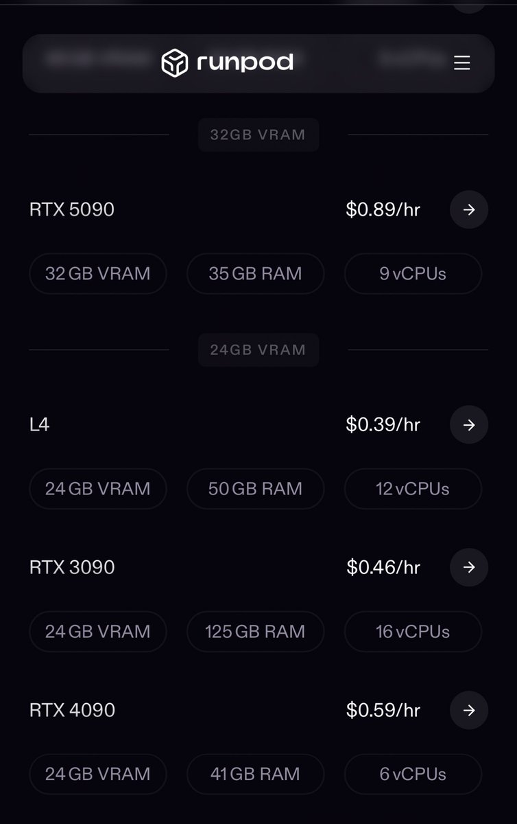 ローカル生成のVRAM問題をどうするか考えてたんだけど、GPUのレンタルも悪くないな。毎日24時間使うなら話は変わるけど、RTX5090を65万で買うよりもコスパいい気がする。