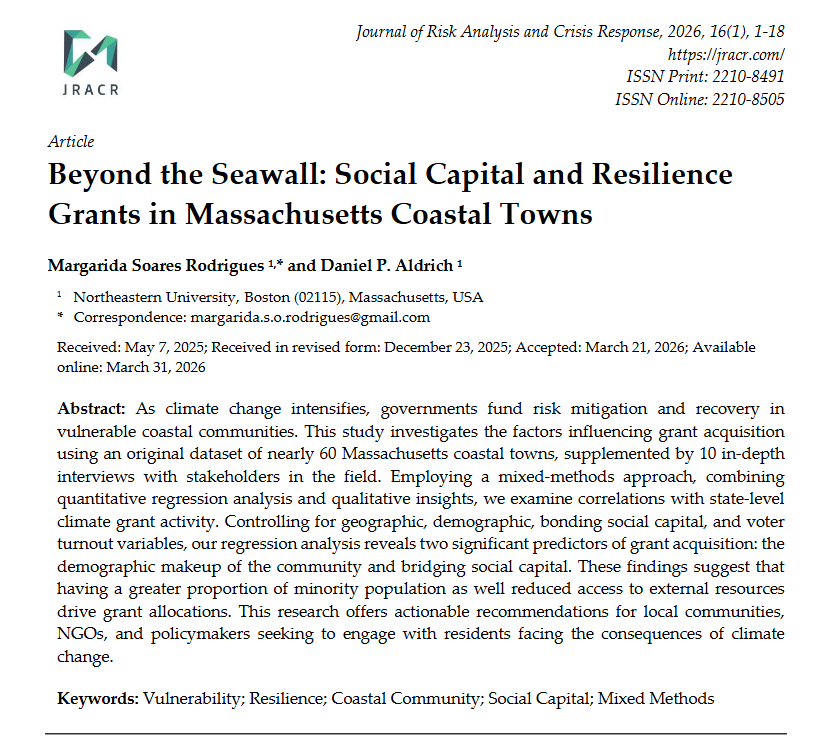DanielPAldrich's tweet image. Very excited to see our new #article out with Margarida Rodrigues: Beyond the Seawall: Social Capital and Resilience Grants in MA Coastal Towns
TL;DR:  greater proportion of minority population as well reduced access to external resources drive grants
jracr.com/index.php/jrac…