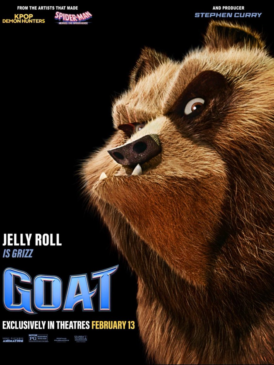 BearOTD_'s tweet image. Today’s Bear of the Day is Grizz from GOAT (2026)!

Grizz, voiced by Jelly Roll, is a large brown anthropomorphic grizzly bear who initially comes off as intimidating and aggressive, but forms a mutual respect with the protagonist, Will! #beartwt #GOAT