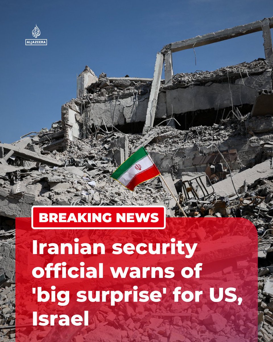 AJEnglish's tweet image. An Iranian official says Tehran is following its war plans and a “specific target bank,” warning it has “a big surprise for America and the regime” and calling US threats to strike bridges “laughable”, reports Fars news agency.    

🔴 LIVE updates: aje.news/jgys6v