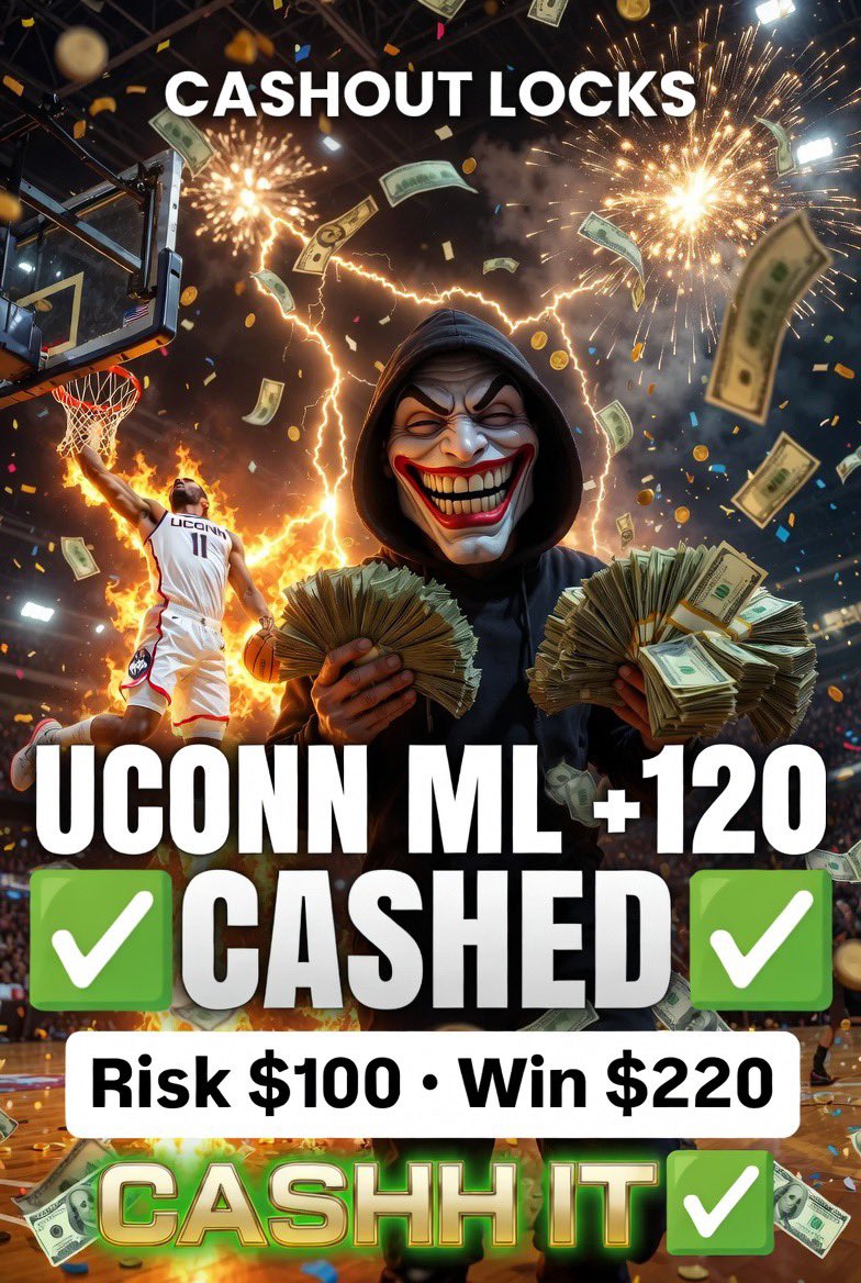 Cashout_Locks's tweet image. 🔥 CBB VIP WINNER UConn ML +120 CASHED!
100 to win 220 💰
CASHHH IT ✅
2-0 on the day with Cashout!

LET ME KNOW IF YOU TAILED!!

SPECIAL DISCOUNT LINK DOWN Below!!

Data Powered by @BetalyticsInc

#CashoutLocks #UConn #Huskies