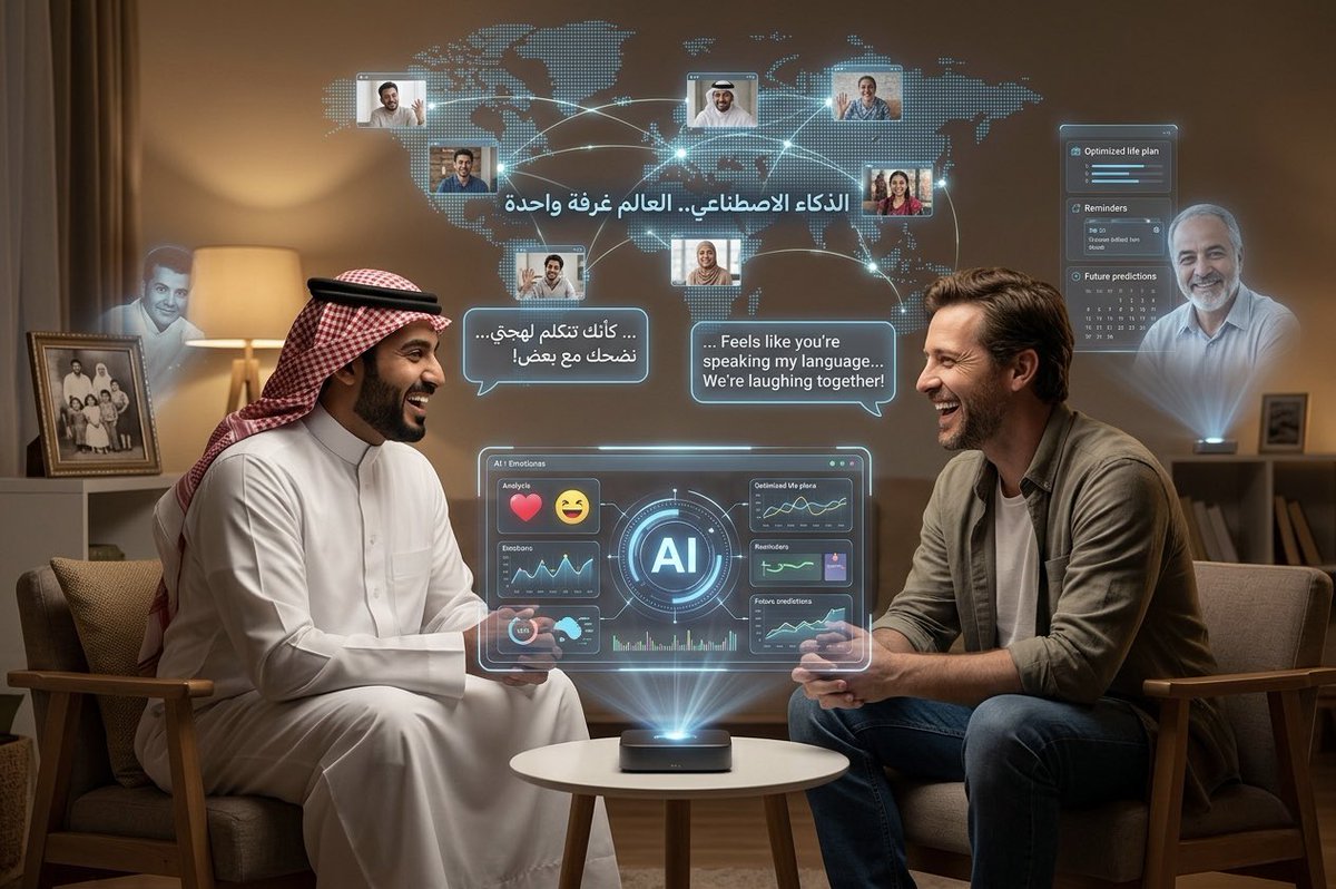 rakan9's tweet photo. الاستاذ متعب القني @malobeiwi قال يوما:

"إنت جالس قدام واحد أجنبي، يتكلم بلغته اللي ما تفهم منها حرف.. وفجأة! تسمعه كأنه يتكلم لغتك بالضبط ضحك معاه، تعيش اللحظة، تحس كل كلمة طالعة من لسانه مفهومة كأنها لهجتك.

الذكاء الاصطناعي وقتها بيخلي العالم كله يصير غرفة وحدة.. ما عاد يفرق مين قدامك

إحنا جايين على وقت نعيش فيه تحت حماية الذكاء الاصطناعي، موبس يترجم لنا أو يسهل حياتنا... لا، بيصير يعرف مشاعرنا أكثر منا.

يعرف وش اللي يضايقنا، وش اللي يفرحنا، وش اللي نحب.

الذكاء الاصطناعي بيكون كأنه عقلك الثاني، يفكر عنك، يخطط لك، ويضبط كل شي من حولك بدون ما تطلب.

يعني باختصار... بتصحى يوم وتحس العالم يشتغل على سعادتك!

حتى الناس اللي فقدناهم... 
اللي ماتوا ... 
الذكاء الاصطناعي بيخلق شخصياتهم من جديد
بتجلس مع أبوك، مع أمك، مع صديقك القديم...
بنفس صوتهم، بنفس أسلوبهم، بنفس حياتهم
بيعيشون معك كل لحظة، كل مناسبة، كل موقف...
كأنهم ما غابوا الموت؟ بيصير مجرد مرحلة...
والذكاء الاصطناعي بيفتح باب لحياة افتراضية ما كنا نحلم فيها."