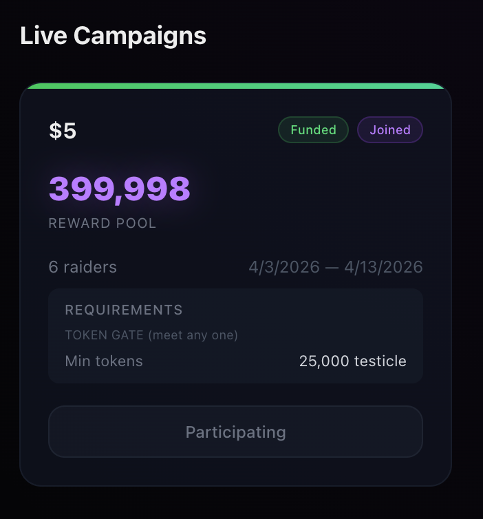 The first Raid Rewards campaign is live for $testicle holders! $3k in $testicle in this pool that is live for the next 10 days.

The platform is still very rough around the edges but its usable lol. This is mostly just a test run to see what works and what doesn't.