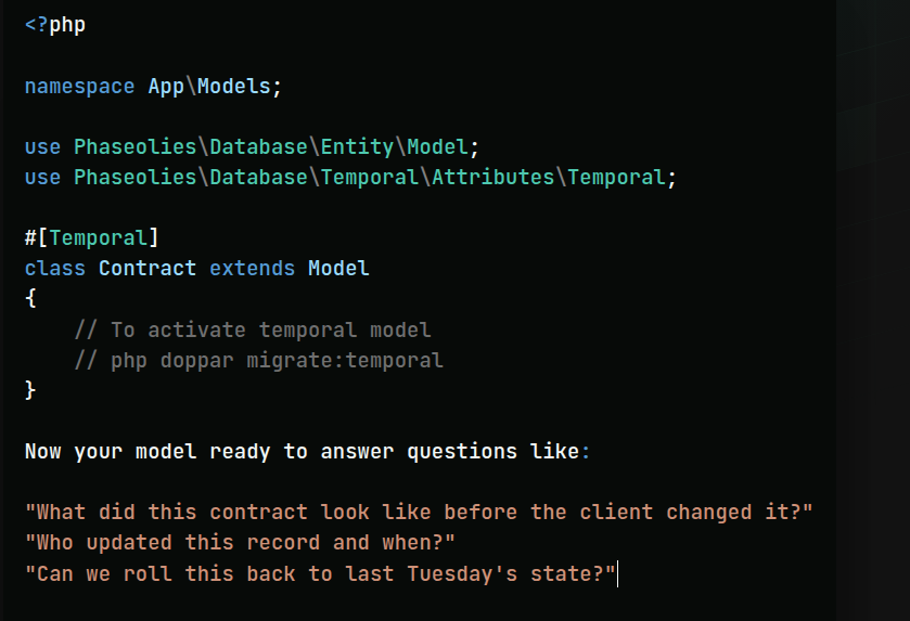 dopparframework's tweet photo. Doppar's Temporal Time-Travel ORM gives every model a complete, automatic audit history. Every time a record is created, updated, or deleted, a full snapshot of its state is written to a companion history table. 
#docs https://t.co/zG8WaDXblm
#doppar #php #framework #timetravelor https://t.co/CZKnodnb8k