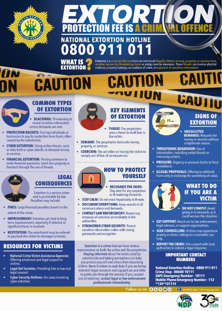 SAPoliceService's tweet photo. #sapsFAQ [FIGHT AGAINST EXTORTION] What is #extortion? Extortion is a criminal offense where an individual illegally obtains money, property or services from another person by threatening harm or using coercive methods.   

These threats can involve physical violence, property damage, accusations of crime, or exposure of sensitive information.    

The South African Police Service is working hard to bring an end to extortion related crimes but, we are going to need the cooperation of our communities in the #FightAgainstExtortion.    

The #SAPS is following up on #TipOffs and information shared through the National Extortion Hotline on 0800 911 011 or #CrimeStop on 08600 10111. SAPS urges the community members to report the crime of extortion!  #ReportCrime ME