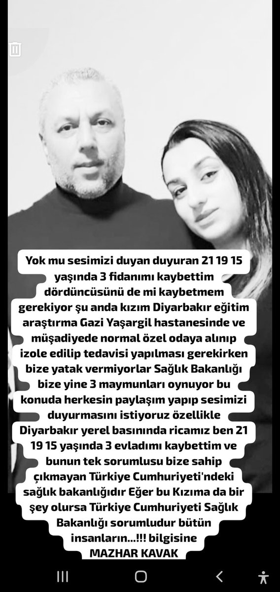 Bu babanın feryadını neden kimse duymuyor?
3 kızını beyin tümörü kanserinden kaybeden Diyarbakırlı baba Mehmet Mazhar Kavak aynı rahatsızlık nedeniyle tedavi gören dördüncü kızının durumunun kötü olduğu ve Sağlık Bakanlığını kendilerine gerekli desteği vermediğini haykırıyor.