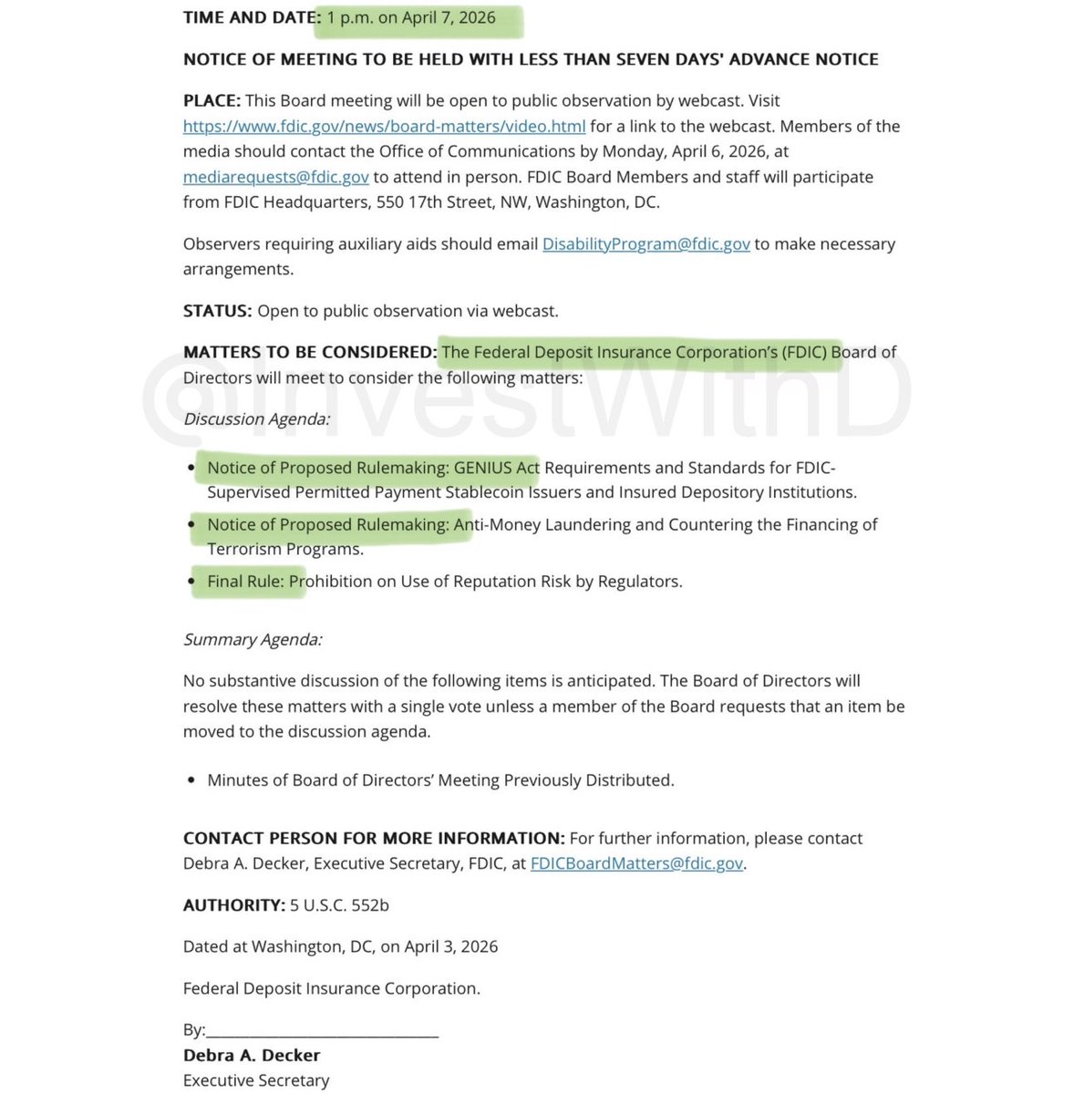 JUST IN: FDIC schedules April 7 board meeting to formally begin implementation of the GENIUS Act, paving the way for banks to issue stablecoins through subsidiaries with 1:1 reserves
