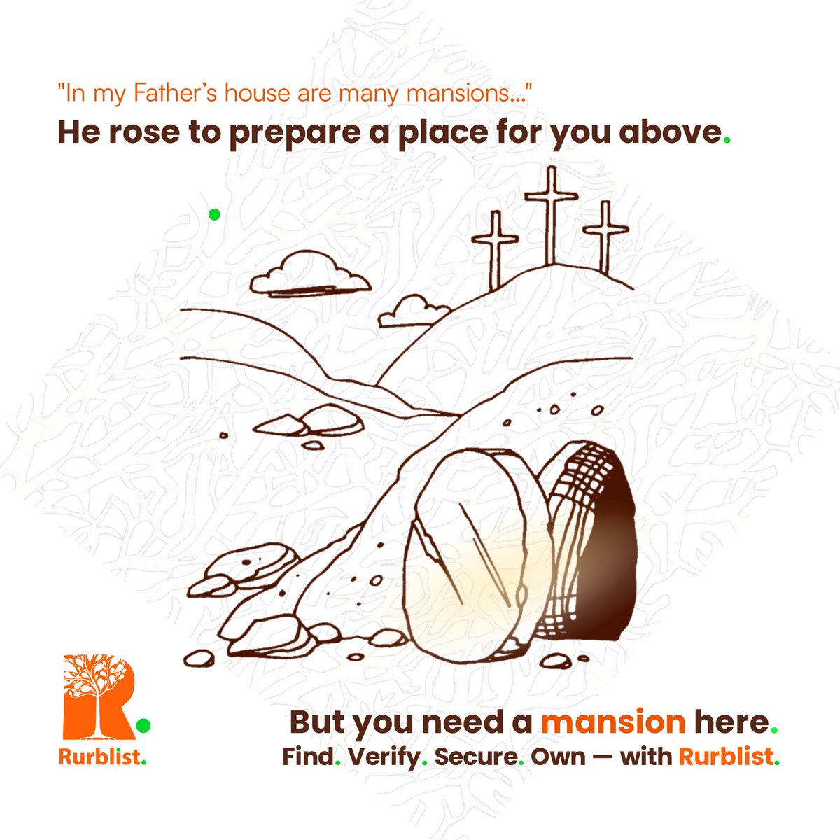 Rurblist's tweet photo. His death and resurrection secured your place above.

What greater love than assurance—both in heaven and on earth?

This Easter, choose security that reflects that promise.
Rurblist.

#HappyEaster https://t.co/IHDiMNPBe2