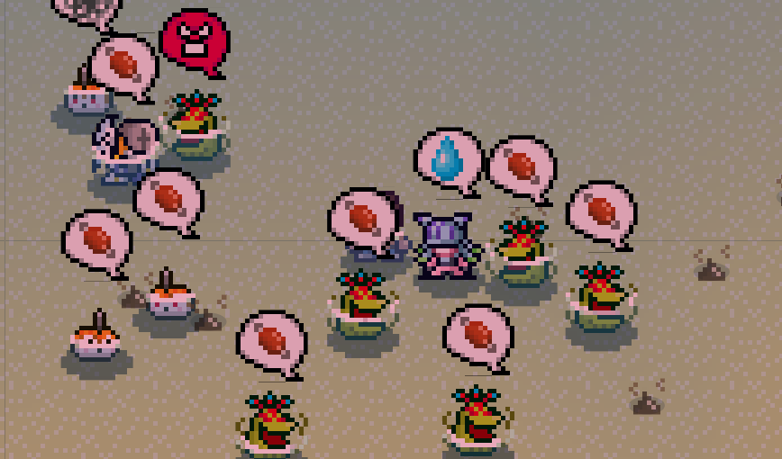 mathycreater's tweet photo. Sometimes the deterministic algorithm can generate unforeseen situations. For example, in places with food scarcity, the tendency of Digimon to befriend others of the same species can create a horde. 

(this crazy specific vegiemon horde print was made by the tamer WilliW) https://t.co/REAt4LL33k