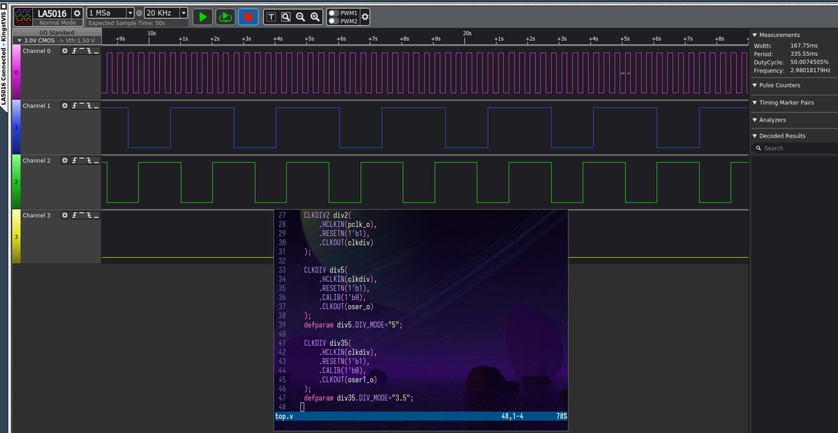 YLRabbit's tweet image. The original signal is 2.98 Hz, divided by 2 and then by 5—0.298 Hz, divided by 2 and then by 3.5—0.42571 Hz.
#Apicula has learned to divide by all sorts of numbers by combining the CLKDIV2 and CLKDIV primitives🤣 #fpga