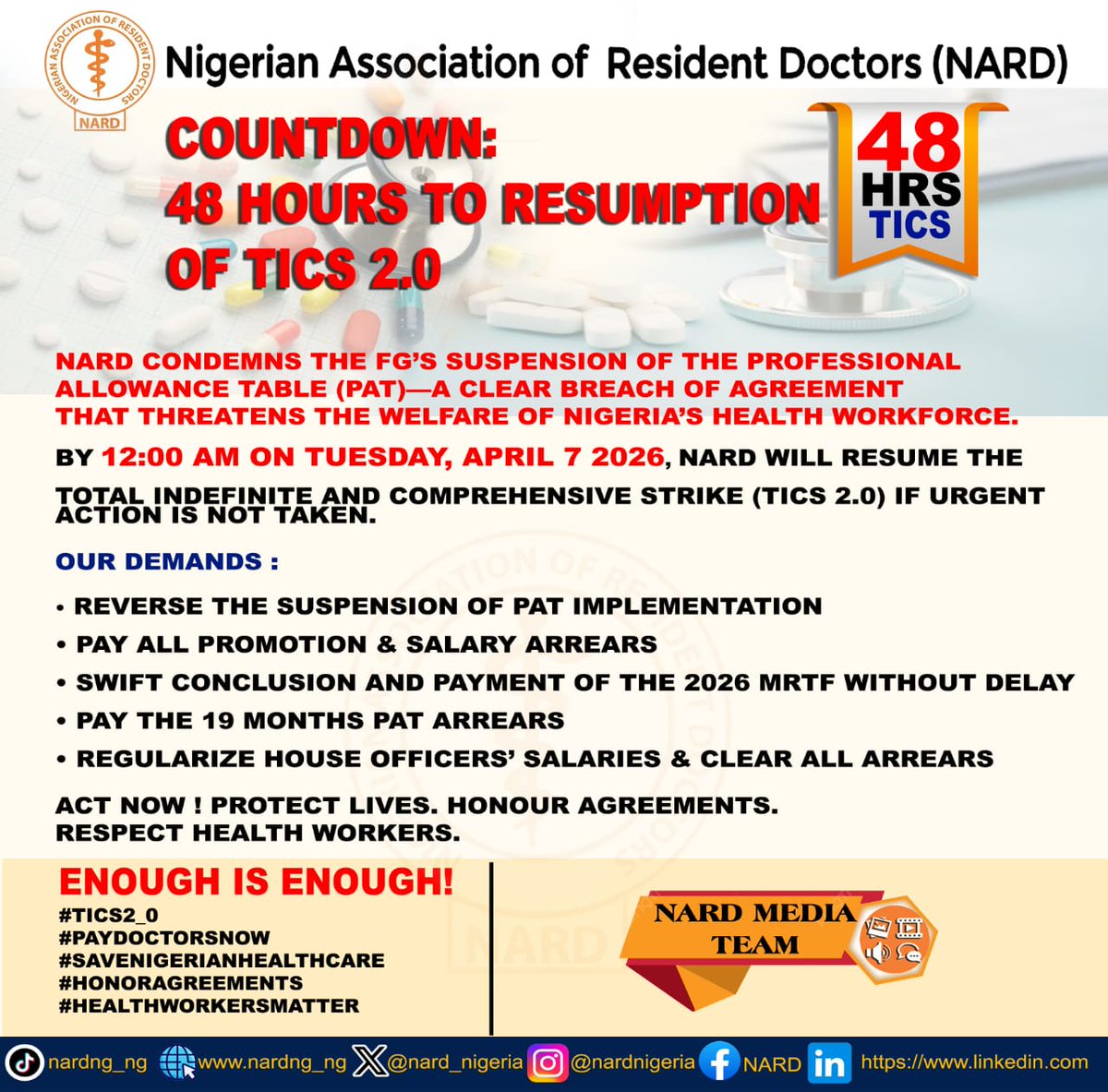 *COUNTDOWN: 48 HOURS TO RESUMPTION OF TICS 2.0*

NARD condemns the FG’s suspension of the Professional Allowance Table *(PAT)*—a clear breach of agreement that threatens the welfare of Nigeria’s health workforce.

*By 12:00 AM on Tuesday, April 7 2026, NARD will resume the Total