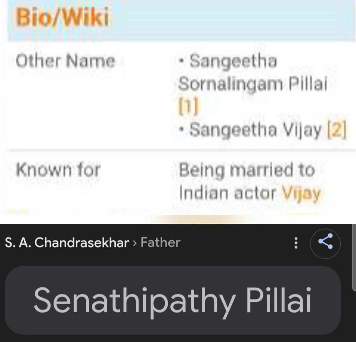 radnuos_'s tweet photo. SAC claims to be against caste, mentioned Tamil as Vijay's caste, yet married Shobha (Mudhaliyar) &amp; arranged Sangeetha's (same caste as Vijay) marriage to Vijay. SAC and Vijay are against Caste is a big drama to cheat TN People's.

#Dmk #Admk #NTK #TVK https://t.co/6xnfUMS1vo