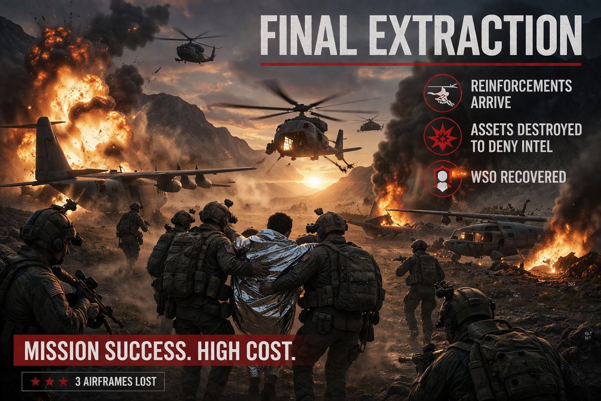 HemanNamo's tweet image. 3/3
Commanders sent in three more aircraft. To deny Iran any tech windfall, the US blew up both original transport planes before exfiltrating.
Three airframes lost — but the WSO is home safe.
A daring mission behind enemy lines.
#IranWar #USMilitary #SpecialOps