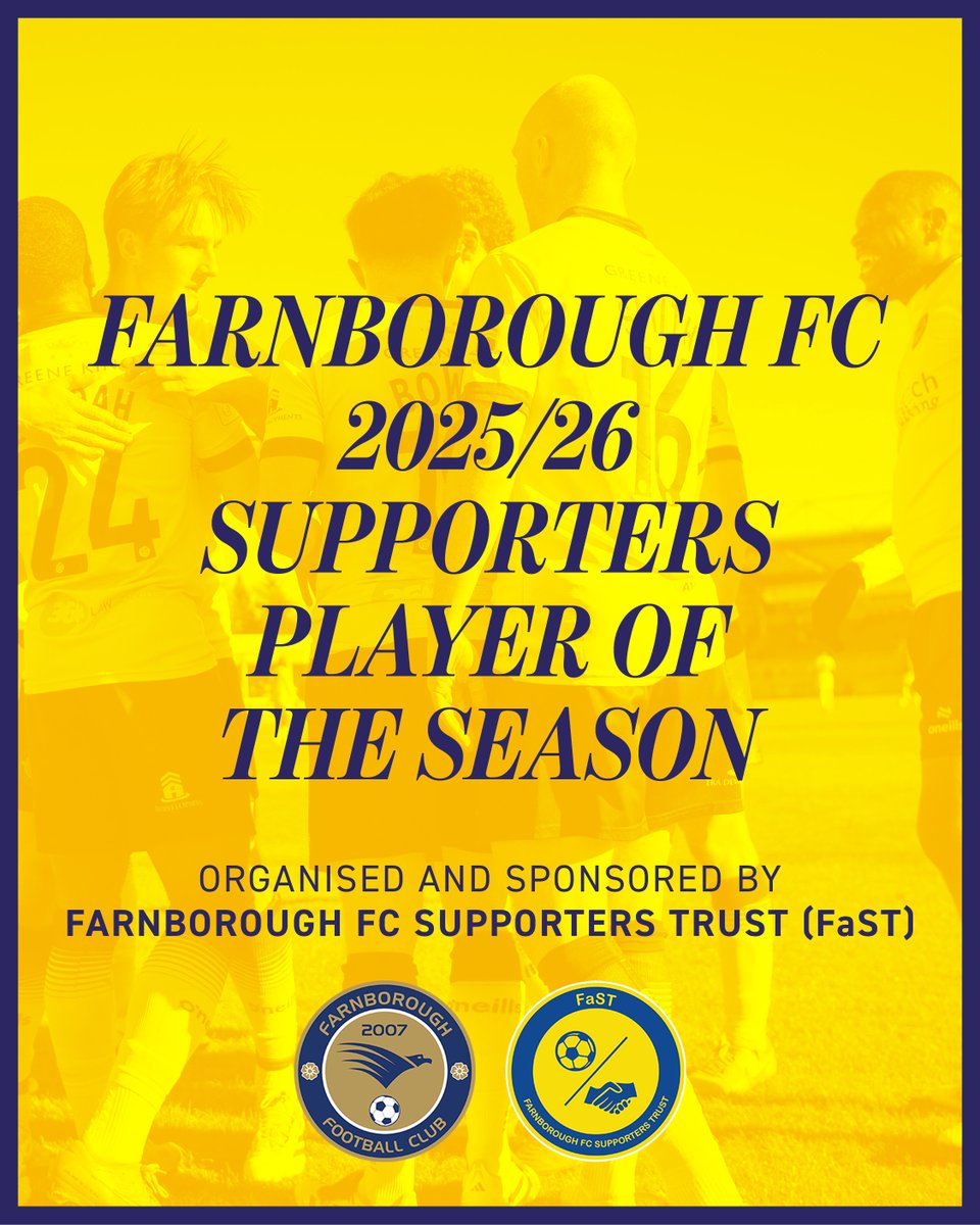 FarnboroughFC's tweet photo. Supporters' Player of the Season 🗳️

Supporters are now invited to cast their vote for the Farnborough Supporters' Player of the Season 2025/26 - organised and sponsored by Farnborough Supporters Trust (FaST).

🔗 https://t.co/O9ewJMDDyQ https://t.co/G2PJNiFUlP