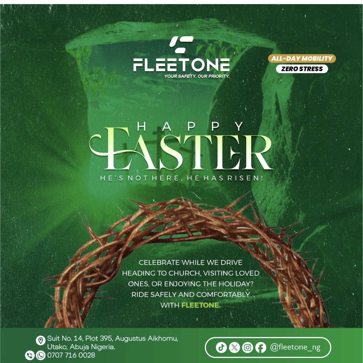 fleetone_ng's tweet photo. Celebrate Easter, While We Drive

Heading to church, visiting loved ones, or enjoying the holiday?
Ride safely and comfortably with FleetOne.

Happy Easter from FleetOne
#HappyEaster #transport https://t.co/x9DWTHCGra