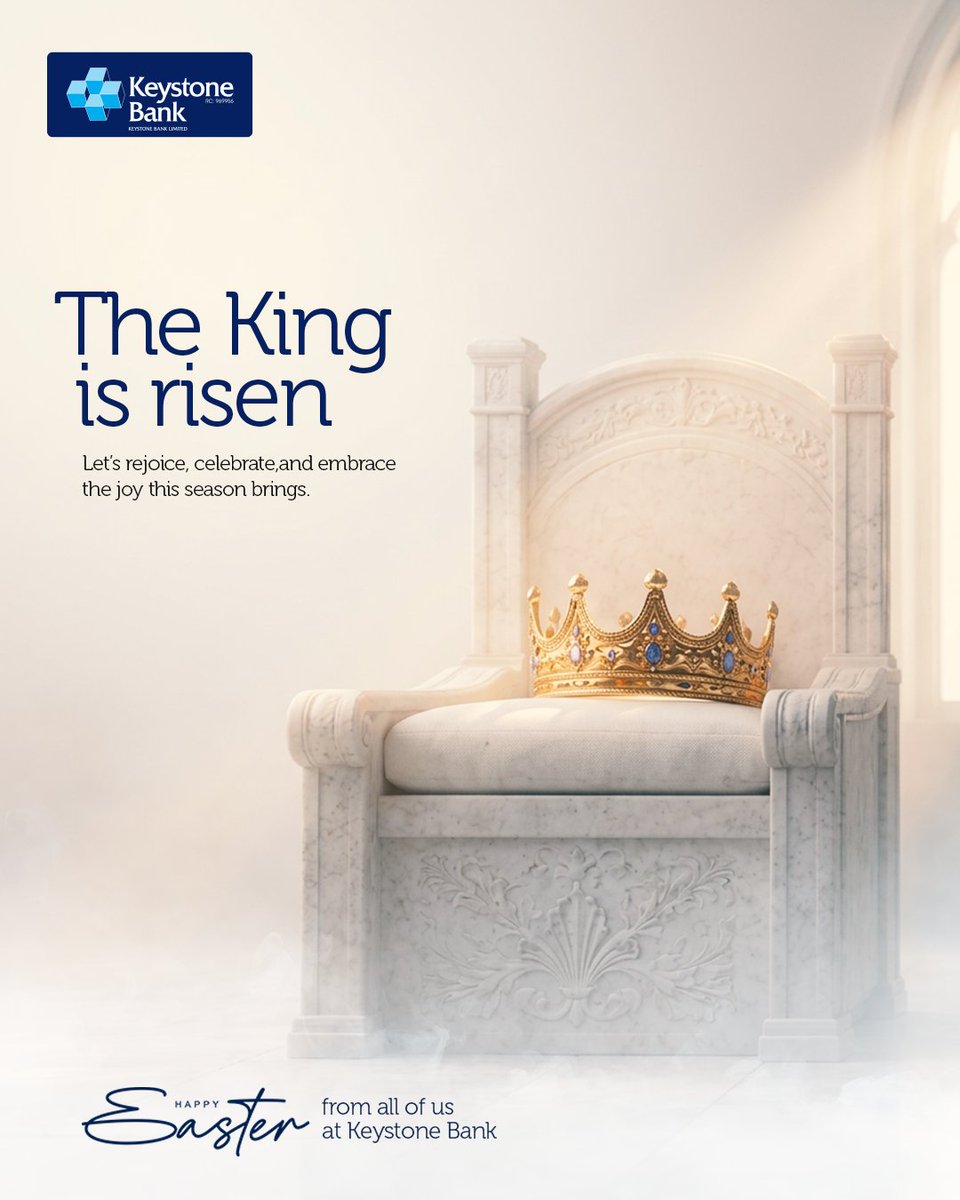 keystonebankng's tweet image. The King reigns.

This Easter, we celebrate a victory that fills our hearts with joy and our lives with hope.

May this season bring you peace, joy, and all that truly matters.

Happy Easter 💙

#HappyEaster 
#MakeItHappen 
#KeystoneBank