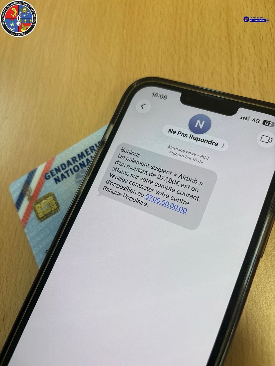 Gendarmerie's tweet image. #BellesAffaires 📲 Vous aussi vous avez reçu ce SMS ?
Les gendarmes de la #Loire sont parvenus à identifier et interpeller un individu utilisant cette escroquerie.
Celui-ci faisait croire à un prélèvement frauduleux et parvenait à obtenir le code de la carte bancaire de la