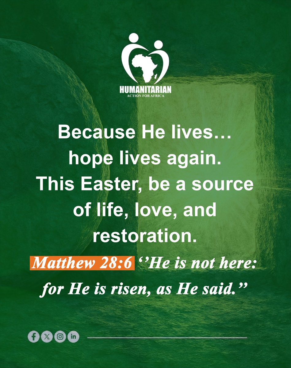 Humanitarian_AA's tweet photo. Because He lives, hope rises again.
This #Easter reminds us that even in the midst of hardship, life prevails, love restores, and hope never fades.
At Humanitarian Action for Africa Action for Africa (HAA), we renew our commitment to be a source of life, dignity, and solidarity for the communities we serve.
May this Easter bring renewal, peace, and transformation to all.
« He is not here; for He is risen, as He said » - Matthew
28:6