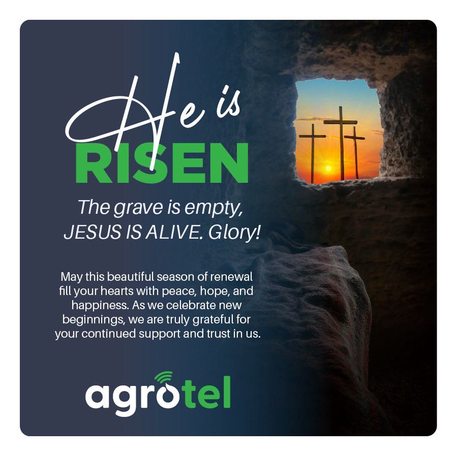 agrotel_ug's tweet photo. He is Risen! ✝️
May this Easter fill your heart with hope, joy, and new beginnings.
Wishing you a blessed and joyful Easter.

#HappyEaster 
#EasterSunday2026 
#BlessedSunday https://t.co/PdPgKCdguX