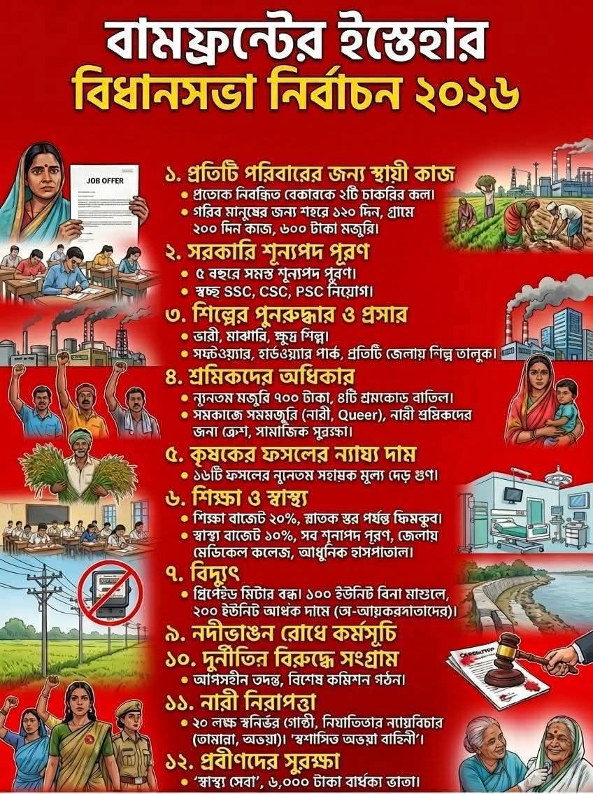 ২০২৬ পশ্চিমবঙ্গের বিধানসভা নির্বাচনে বামফ্রন্টের বিকল্প ইশতেহার,,
আমজনতার ইশতেহার।।
#বাংলাবাঁচাও