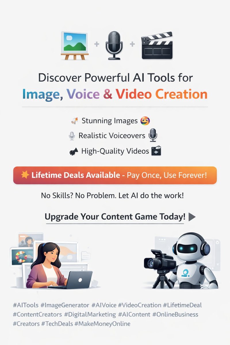 HomiesDeals4's tweet photo. 🚀 AI Tools for Image, Voice &amp; Video
💥 Lifetime Deal — Pay Once
Create. Grow. Earn. link below 👇👇👇
https://t.co/DftdyjYGLg
#AITools #DigitalMarketing #ContentCreation #OnlineBusiness #LifetimeDeal https://t.co/F0IxVV2CTr