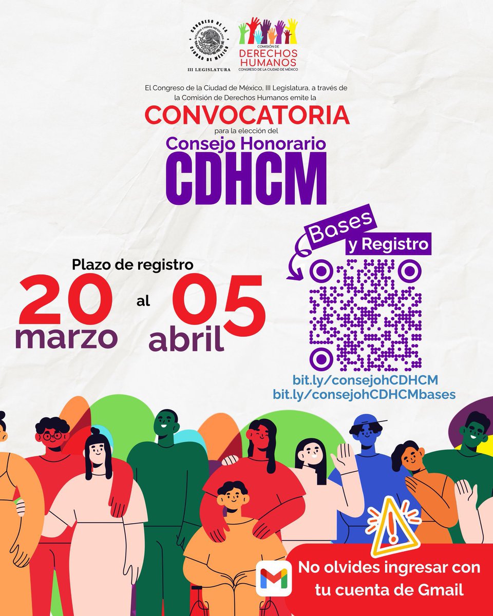 👉La Convocatoria cierra mañana domingo 5 de abril. 

📢 La Comisión de Derechos Humanos del <a href="/Congreso_CdMex/">Congreso de la Ciudad de México</a>, emite las bases para la elección de personas integrantes del Consejo Honorario de esta #CDHCM.
 
✒️ Registro: bit.ly/consejohCDHCM
 
📜 Bases: drive.google.com/file/d/1AboZD5…