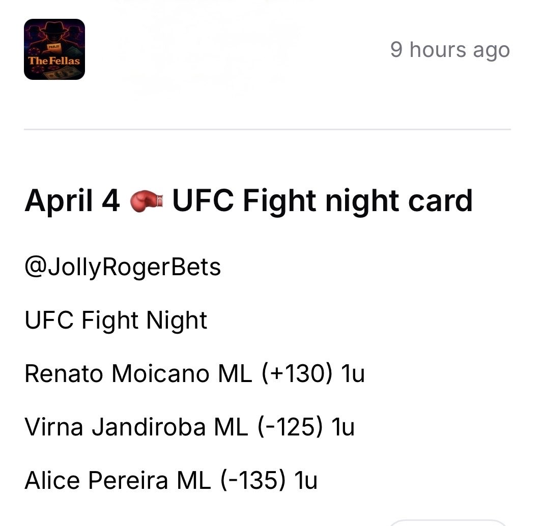 The Fellas UFC 🥊 expert <a href="/JollyRogerBets/">Jolly Roger 🏴‍☠️</a> with an absolute fire 3W - 0L card 🔥 

Renato Moicano ML (+130) ✅ 💰
Virna Jandiroba ML (-125) ✅ 💰 
Alice Pereira ML (-135) ✅ 💰 

🚨 $5 MONTH OF VIP PROMO ⬇️🚨

dubclub.win/r/p/pri-cu7bg/…
