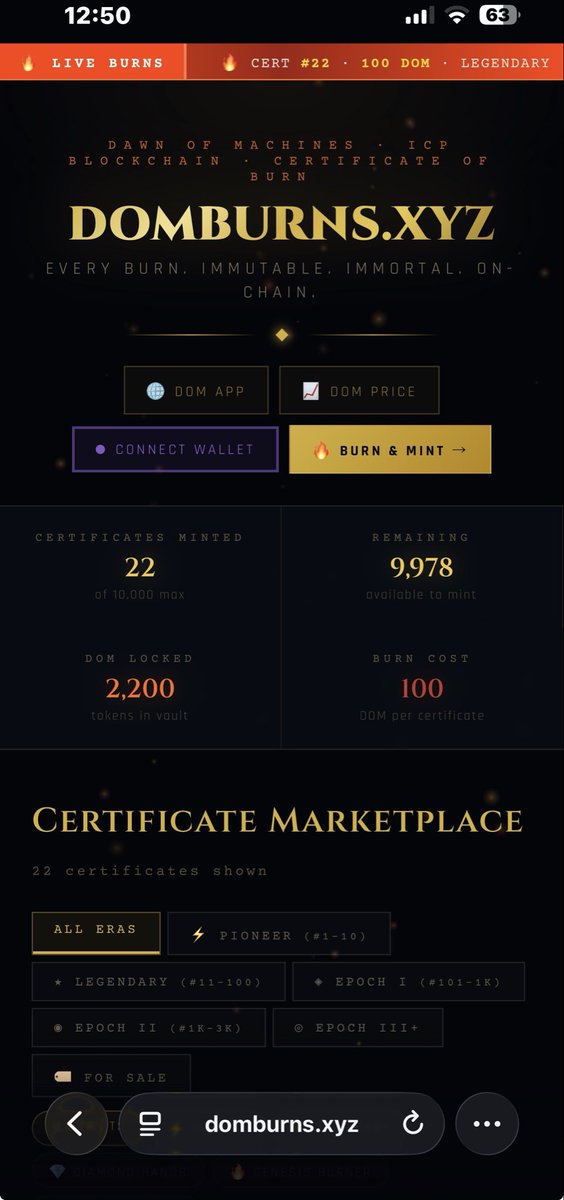 unixonicp's tweet photo. A new NFT marketplace is born on #ICP -  you can only list #Dom burn certain. Mine Dom by staking ICP. Burn 100 Dom for each cert. List them, trade them. ICP pairs will come later. Right now focus on burning 🔥 dom before more assets come in
Try dom https://t.co/0Dr6NsHKfL https://t.co/1NIWy2rb62