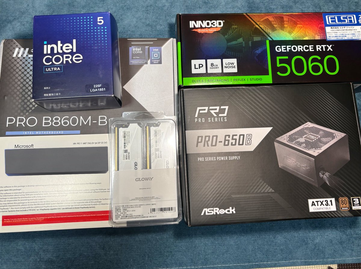 pui2Fredericar's tweet image. #PC #パソコン #売ります #ゆる募 #拡散希望
写真にはケース入らなかったのですがパーツセットで売ります！
自作パーツセット(16万円)
・ultra5 225F(リテールCPUクーラー付)
・PRO B 860M-B
・DDR5 24GB(12×2 ) 5600
・m.2 SSD 2TB gen4
・RTX5060 LP
・650W ブロンズ電源
・ケース ML03