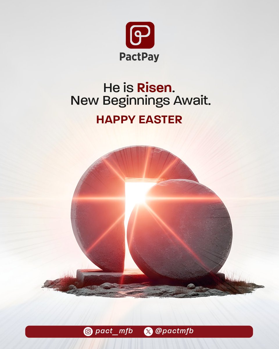 pactmfb's tweet photo. The tomb is empty, Your redemption is now, He is risen and with Him, everything new begins

Let this Easter be the day fear loses and faith wins. Happy Easter.
#PactPay #PactMFB #Easter https://t.co/bqZ4Wr15Zm