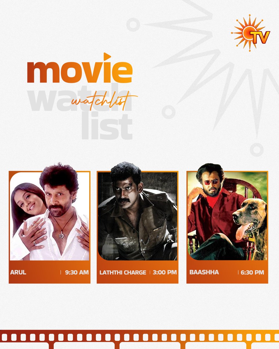 SunTV's tweet image. A Blockbuster Sunday🔥

ARUL | TODAY | 9:30 AM

LATHTHI CHARGE | TODAY | 3 PM

BAASHHA | TODAY | 6:30 PM

#SunTV #Vikram #Vishal #SuperstarRajinikanth #SunDigital