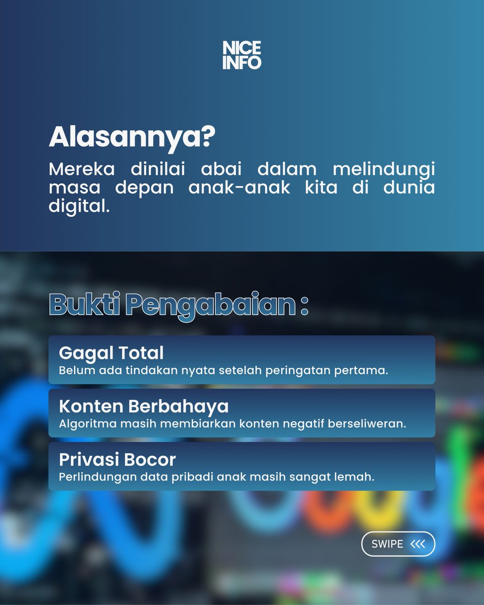 NiceInfo__'s tweet photo. META & GOOGLE KENA SEMPRIT LAGI!
Pemerintah melalui Kemkomdigi resmi merilis Peringatan Ke-2. Masalah utamanya: Pengabaian terhadap perlindungan data dan kesehatan mental anak di platform mereka.
#NiceInfo #Kemkomdigi #DigitalSafety #Meta #Google https://t.co/9SEZCWj1nt